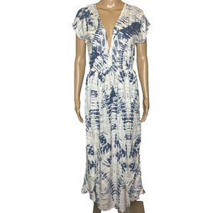 Women's Medium Blue Island Blue Tie Dye V-Neck Maxi Dress Swim Cover-Up NEW